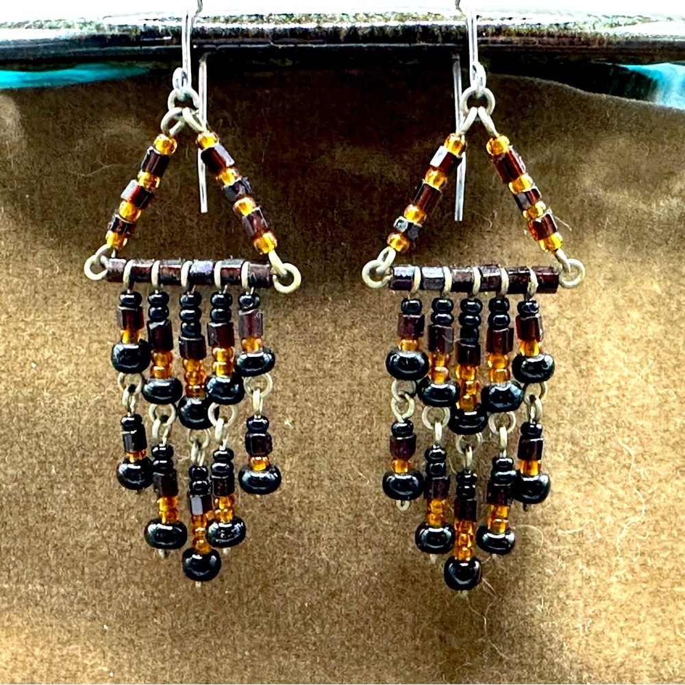 Elegant Beaded Chandelier Earrings - brown and black